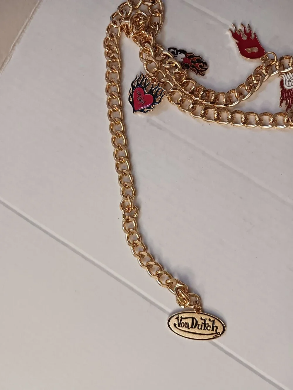 VON DUTCH Double Chain CHARM Belt Gold-tone Enamel Eyeball Flames Size S/M New